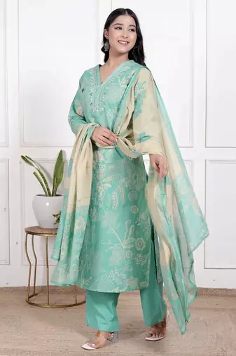 Cotton cambric straight  kurti-pant-dupatta  set