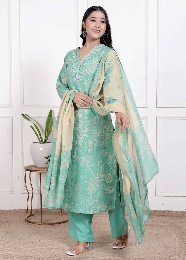 Cotton cambric straight  kurti-pant-dupatta  set