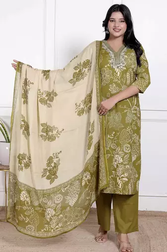 Mehendi Cotton cambric straight  kurti-pant-dupatta  set