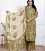 Mehendi Cotton cambric straight  kurti-pant-dupatta  set