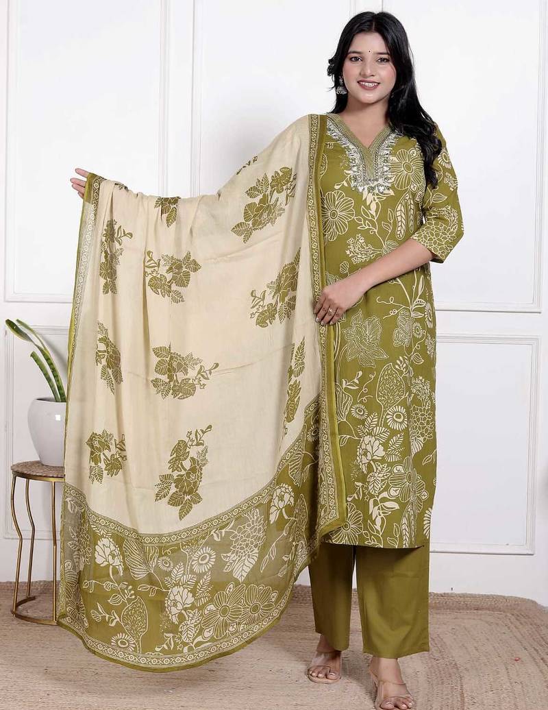 Mehendi Cotton cambric straight  kurti-pant-dupatta  set