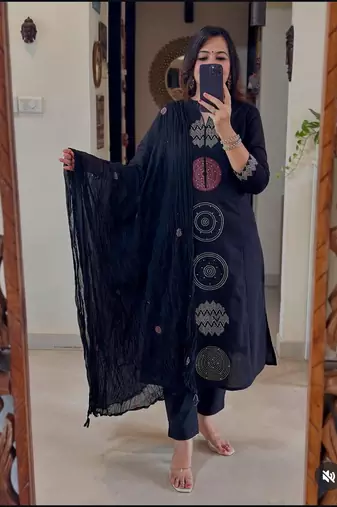 Cotton cambric straight  kurti-pant-dupatta  set