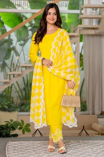 Lemon yellow embroidered cotton kurta and pant set with dupatta