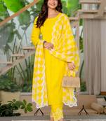 Lemon yellow embroidered cotton kurta and pant set with dupatta