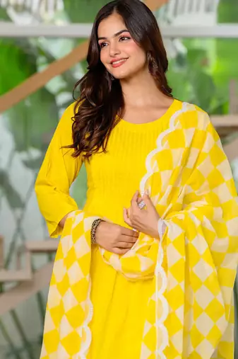 Lemon yellow embroidered cotton kurta and pant set with dupatta
