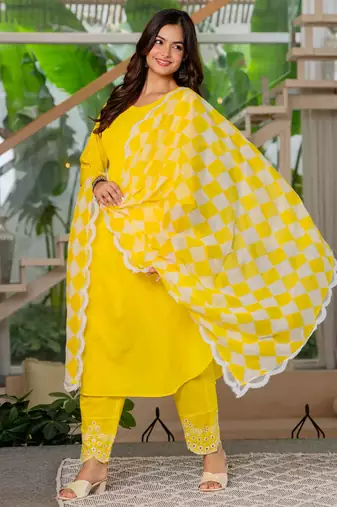 Lemon yellow embroidered cotton kurta and pant set with dupatta