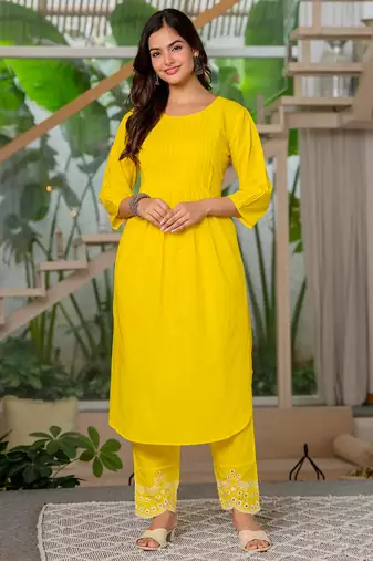 Lemon yellow embroidered cotton kurta and pant set with dupatta