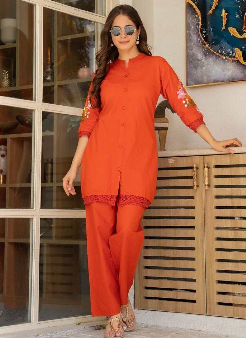 Rust embroidered cotton co-ord set