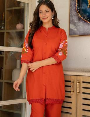Rust embroidered cotton co-ord set 3