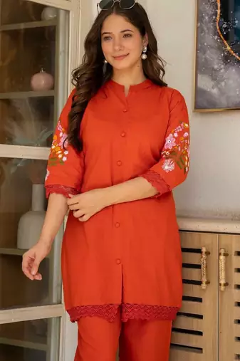Rust embroidered cotton co-ord set