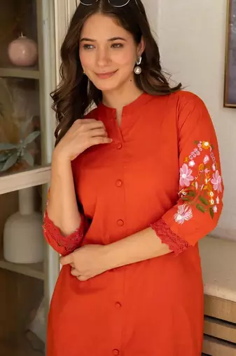 Rust embroidered cotton co-ord set