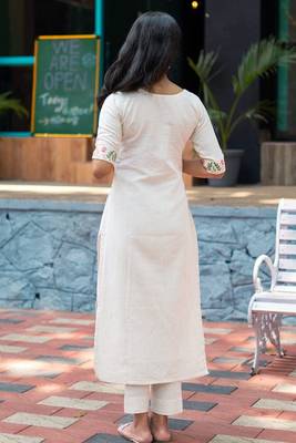 Off white embroidered cotton kurta and pant set 5
