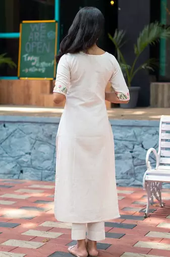 Off white embroidered cotton kurta and pant set