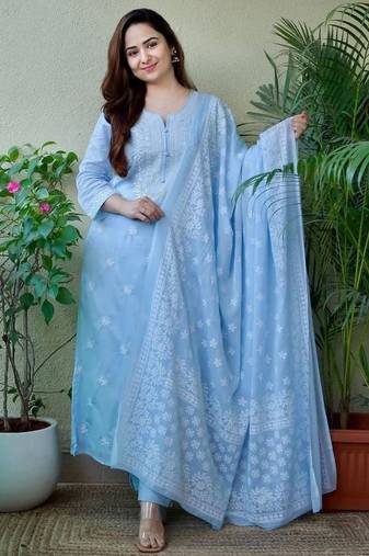 Carolina blue embroidered suit set with dupatta