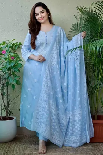 Carolina blue embroidered suit set with dupatta