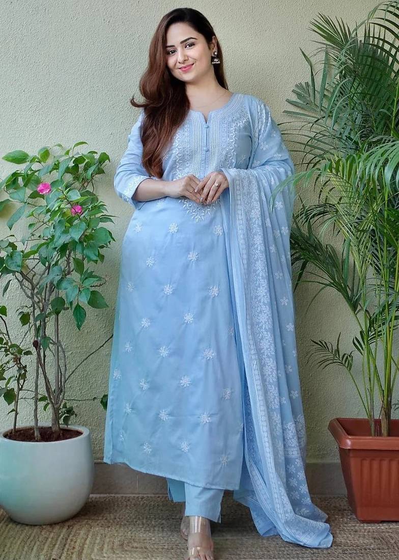 Carolina blue embroidered suit set with dupatta