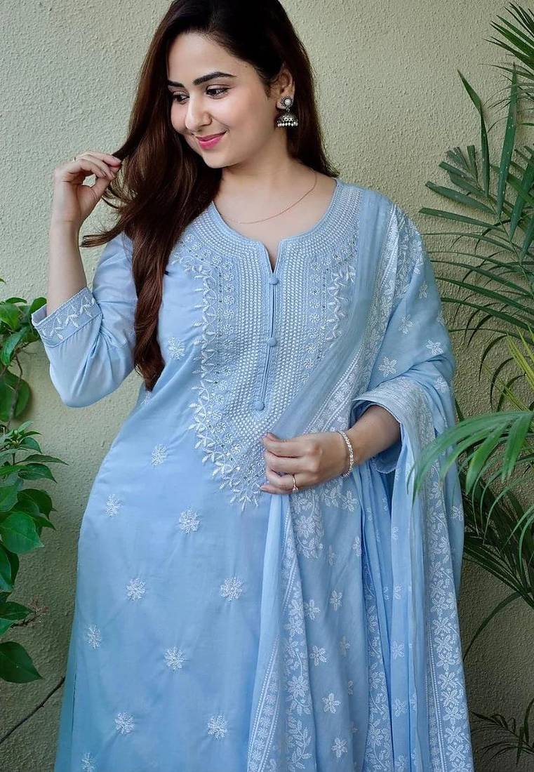 Carolina blue embroidered suit set with dupatta