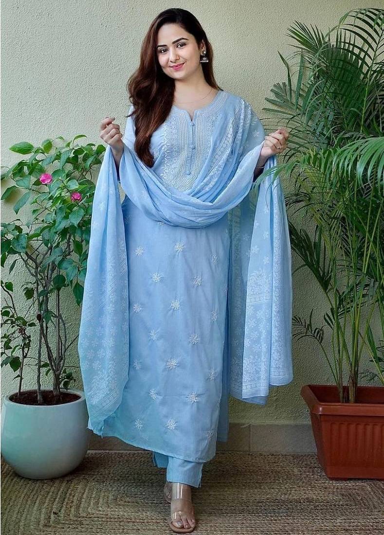 Carolina blue embroidered suit set with dupatta