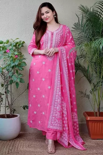 Pale magenta embroidered suit set with dupatta