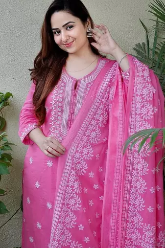 Pale magenta embroidered suit set with dupatta