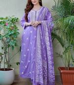 Dark pastel purple embroidered suit set with dupatta