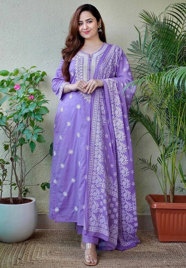 Dark pastel purple embroidered suit set with dupatta
