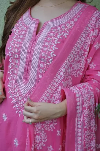 Pale magenta embroidered suit set with dupatta