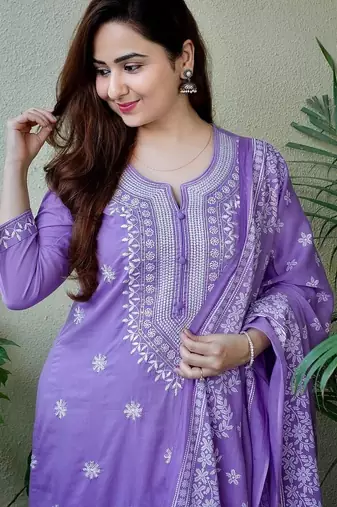 Dark pastel purple embroidered suit set with dupatta