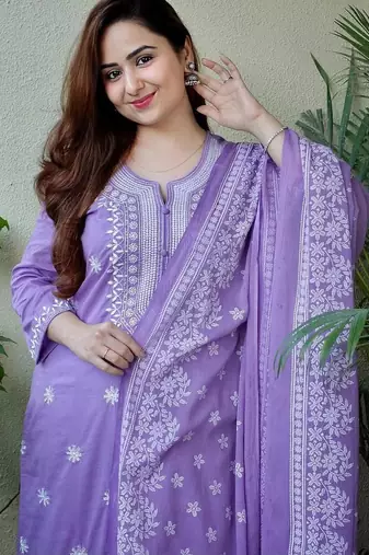 Dark pastel purple embroidered suit set with dupatta