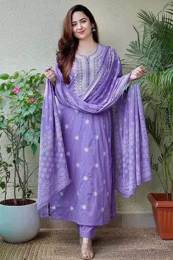 Dark pastel purple embroidered suit set with dupatta