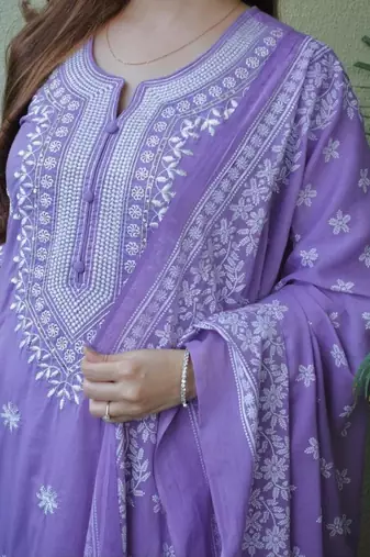 Dark pastel purple embroidered suit set with dupatta