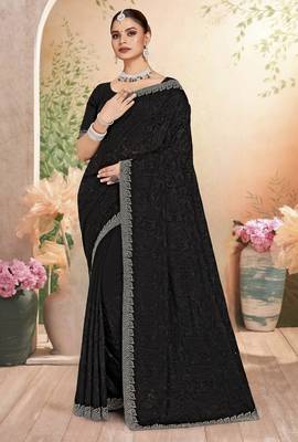 Black resham embroidery & zarkhan stone border georgette saree with blouse 1