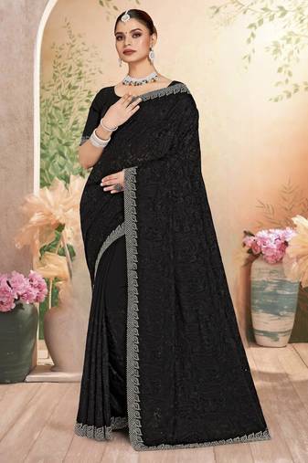 Black color resham embroidery & zarkhan stone border georgette saree with blouse