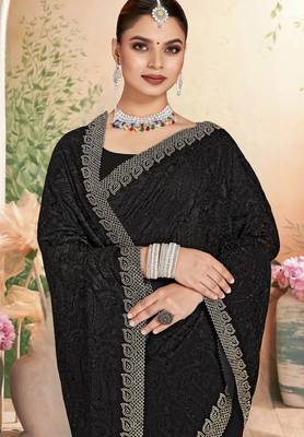 Black resham embroidery & zarkhan stone border georgette saree with blouse 2