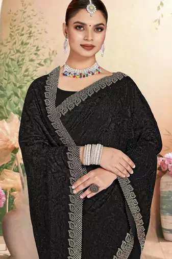 Black color resham embroidery & zarkhan stone border georgette saree with blouse