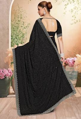 Black resham embroidery & zarkhan stone border georgette saree with blouse 3