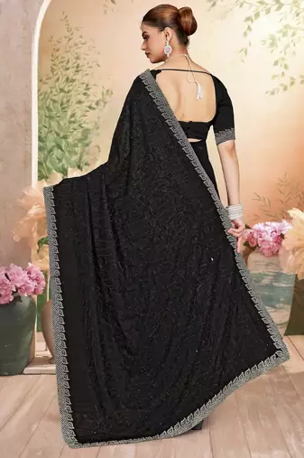 Black color resham embroidery & zarkhan stone border georgette saree with blouse