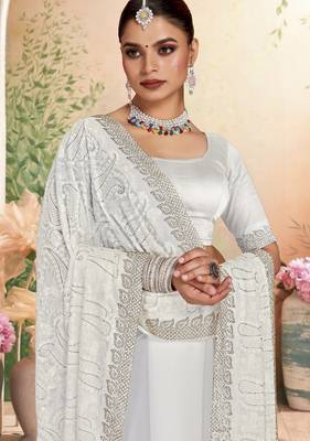 White color resham embroidery & zarkhan stone border georgette saree with blouse 2