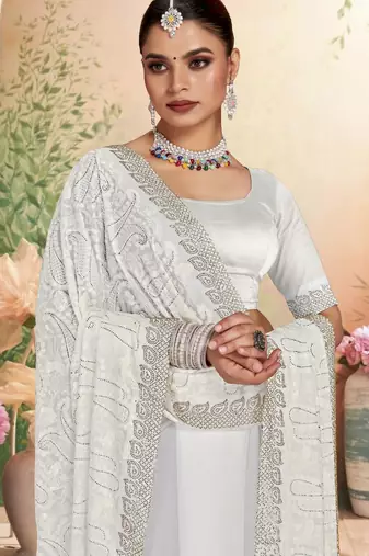 White color resham embroidery & zarkhan stone border georgette saree with blouse