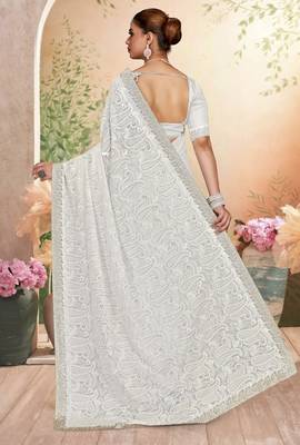 White color resham embroidery & zarkhan stone border georgette saree with blouse 3