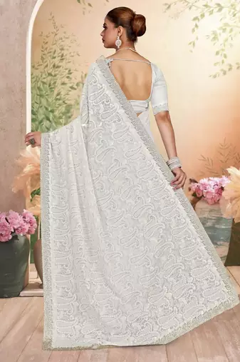 White color resham embroidery & zarkhan stone border georgette saree with blouse