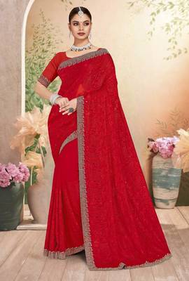 Red color resham embroidery & zarkhan stone border georgette saree with blouse 1