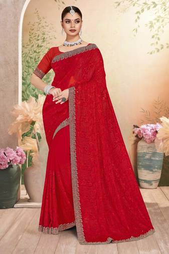 Red color resham embroidery & zarkhan stone border georgette saree with blouse