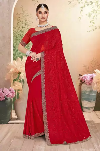 Red color resham embroidery & zarkhan stone border georgette saree with blouse