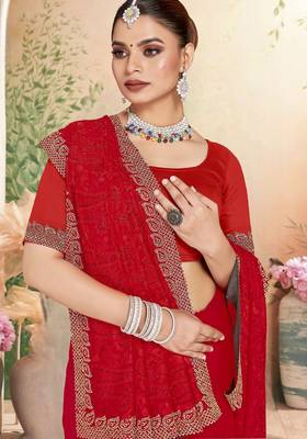 Red color resham embroidery & zarkhan stone border georgette saree with blouse 2