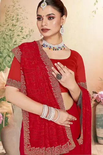 Red color resham embroidery & zarkhan stone border georgette saree with blouse