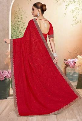 Red color resham embroidery & zarkhan stone border georgette saree with blouse 3