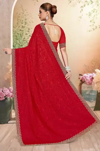 Red color resham embroidery & zarkhan stone border georgette saree with blouse