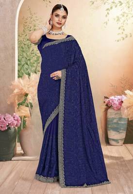 Navy blue color resham embroidery & zarkhan stone border georgette saree with blouse 1