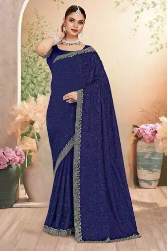 Navy blue color resham embroidery & zarkhan stone border georgette saree with blouse